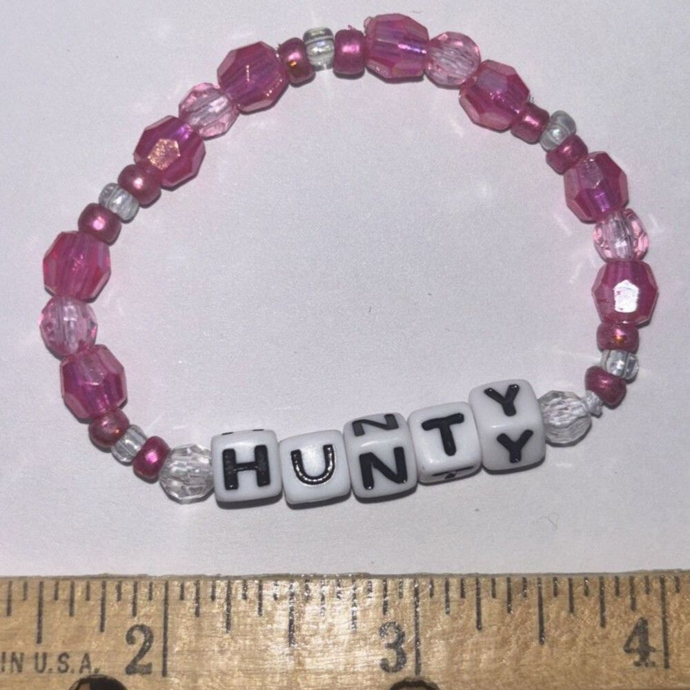 Handmade Beaded Stretch Bracelet Pink Purple Letter Beads "HUNTY" Statement